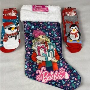 Barbie Festive Satin Stocking with Plush Trim and 2 Pair of Holiday Socks